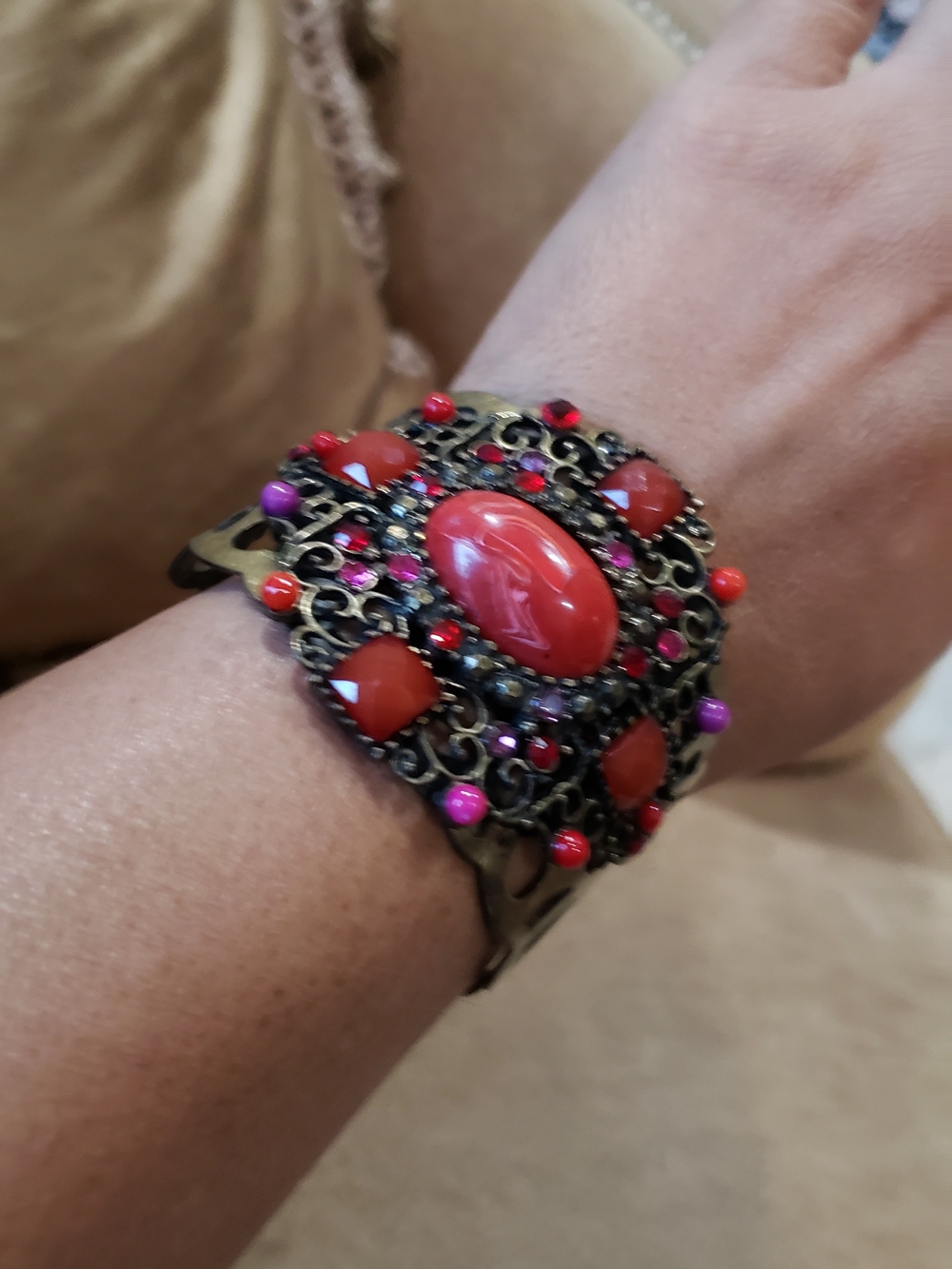 Antique-gold Finish Cuff with Red and Pink Stones